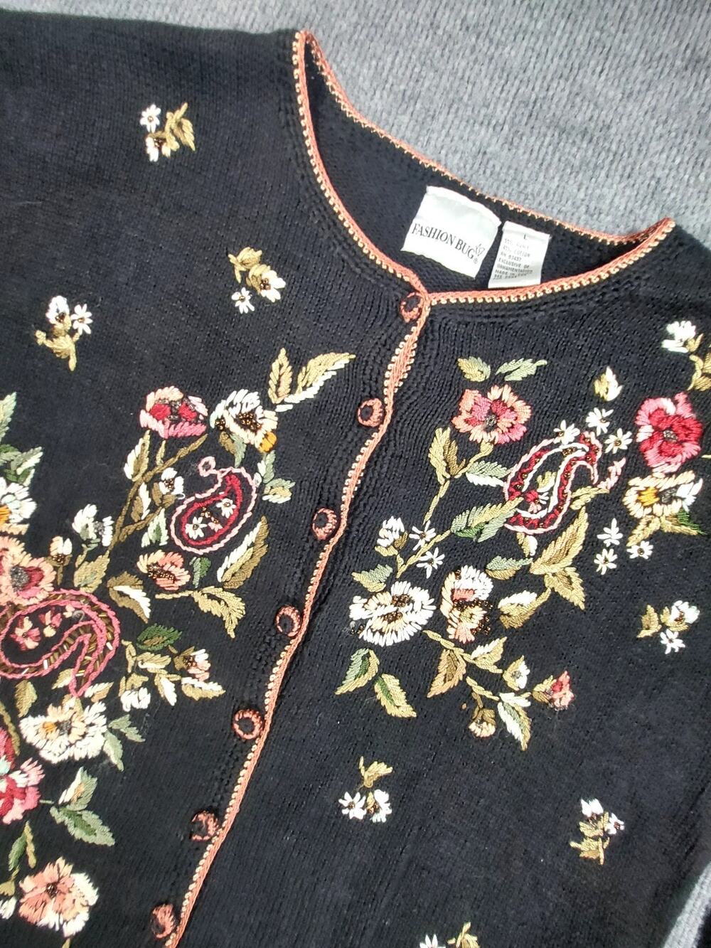 Vintage 90s Fashion Bug Embroidered Floral Paisley Cardigan Sweater Size L Ramie